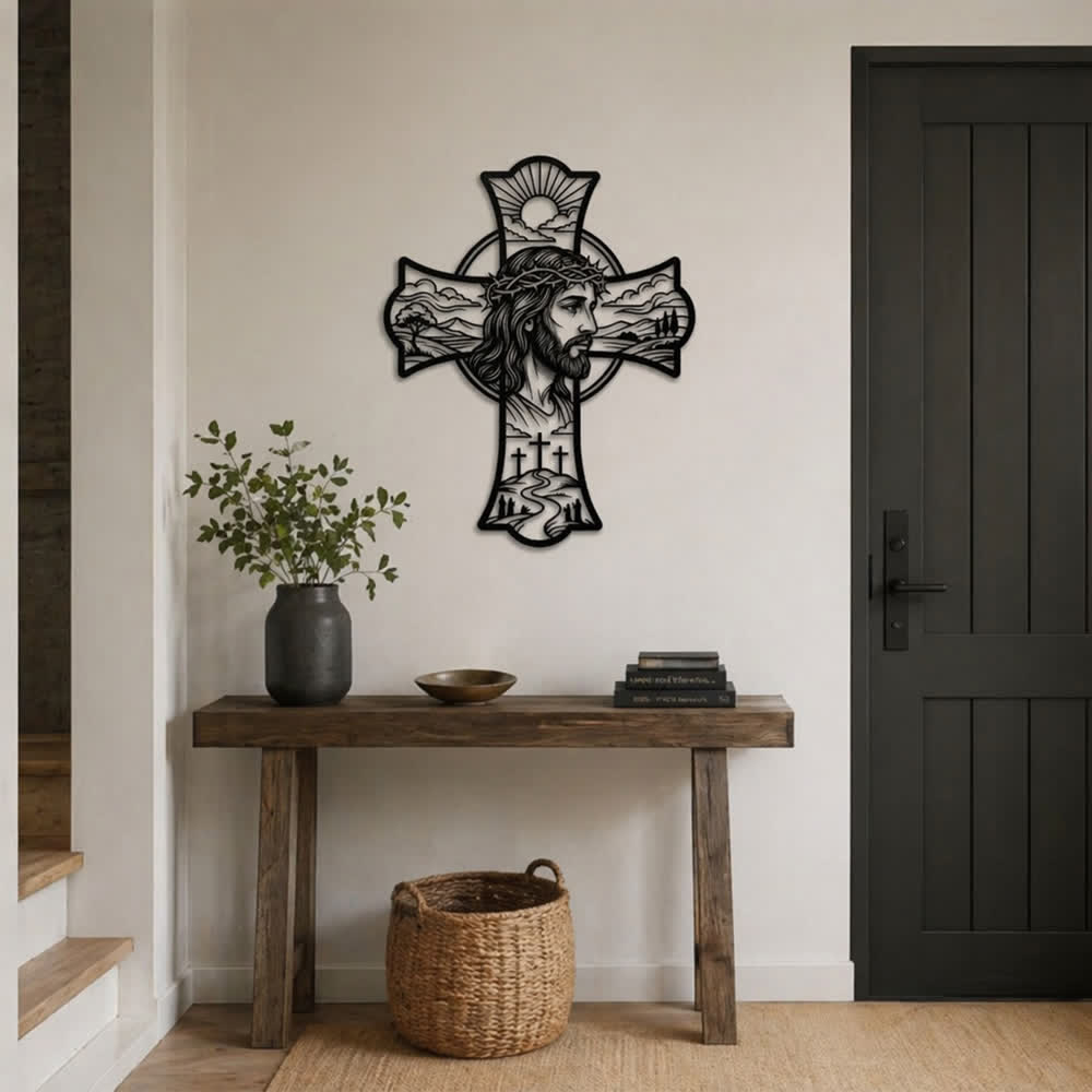 Christianartworkshop Decoración de pared de metal cortado con láser con la triple cruz y la corona de espinas de Jesús en la cima de la colina: llena los rincones de oración con una suave calidez divina. - image 1