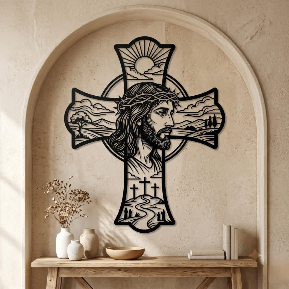 Christianartworkshop Decoración de pared de metal cortado con láser con la triple cruz y la corona de espinas de Jesús en la cima de la colina: llena los rincones de oración con una suave calidez divina. - image 0