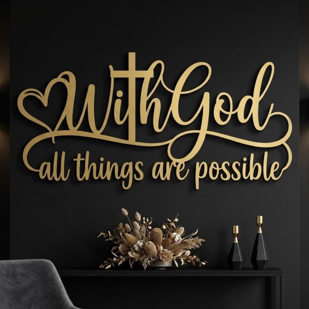 Christianartworkshop Cruz de Corazón Dorado con Dios Todo Es Posible Decoración de Pared de Metal: Símbolo de Fuerza Divina Ilimitada - image 0