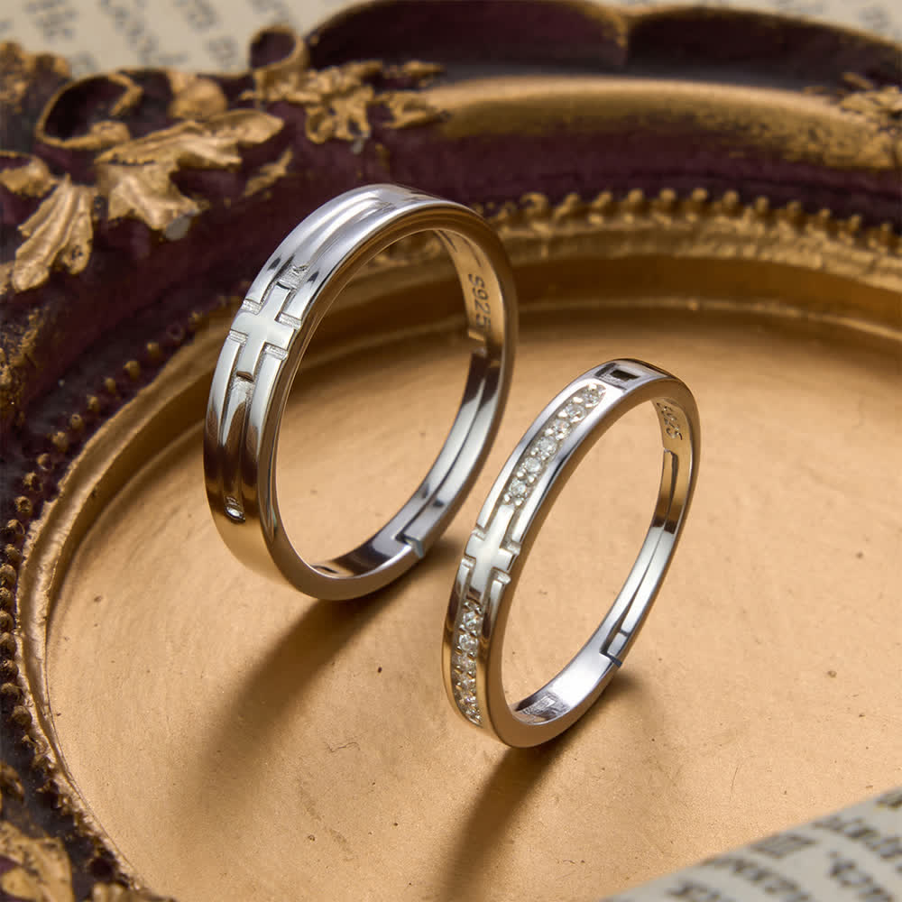 Christianartworkshop Conjunto de anillos ajustables de plata esterlina con cruz de estilo doble para parejas: Emblema del Pacto Celestial Unificado - Un juego de 2 piezas (apto para tallas estadounidenses 6-11) - image 0