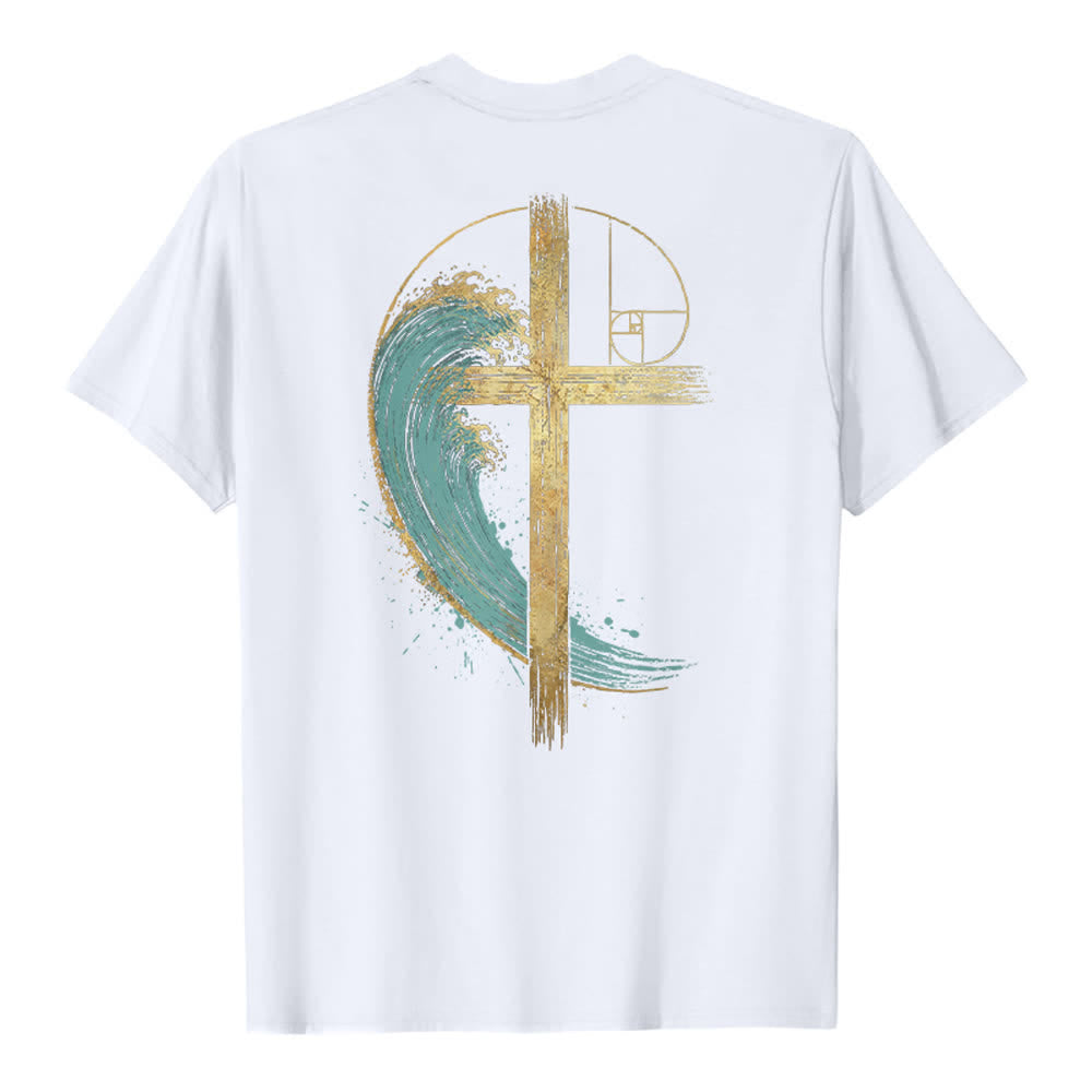 Christianartworkshop Camiseta clásica con estampado a doble cara de la Cruz Dorada y la Onda Fibonacci. - image 7