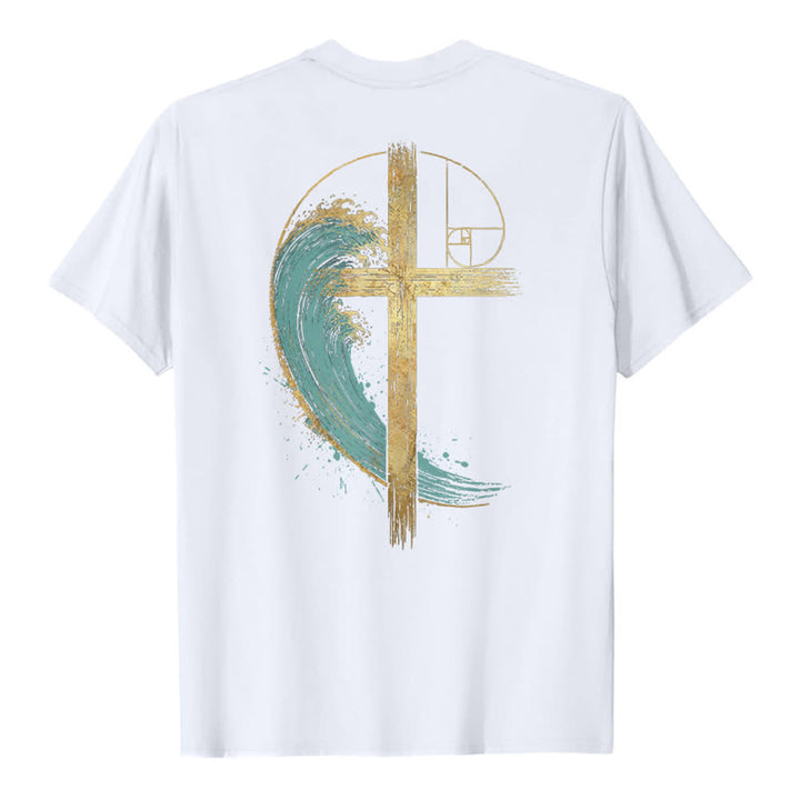 Christianartworkshop Camiseta clásica con estampado a doble cara de la Cruz Dorada y la Onda Fibonacci. - image 7