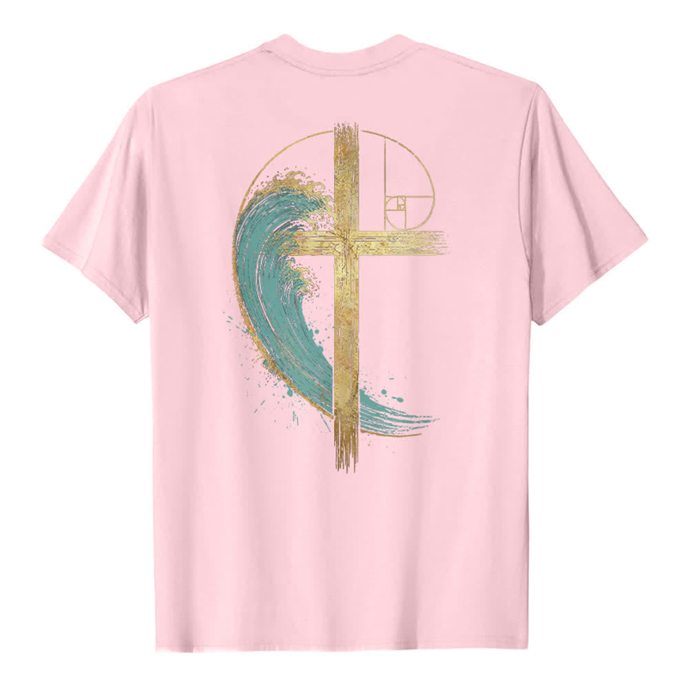 Christianartworkshop Camiseta clásica con estampado a doble cara de la Cruz Dorada y la Onda Fibonacci. - image 4