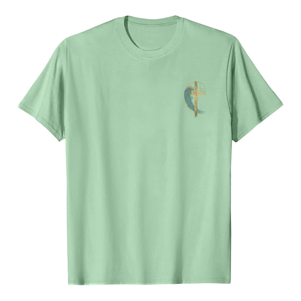 Christianartworkshop Camiseta clásica con estampado a doble cara de la Cruz Dorada y la Onda Fibonacci. - image 2