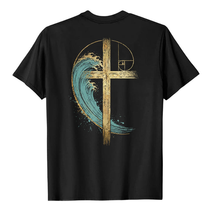 Christianartworkshop Camiseta clásica con estampado a doble cara de la Cruz Dorada y la Onda Fibonacci. - image 19