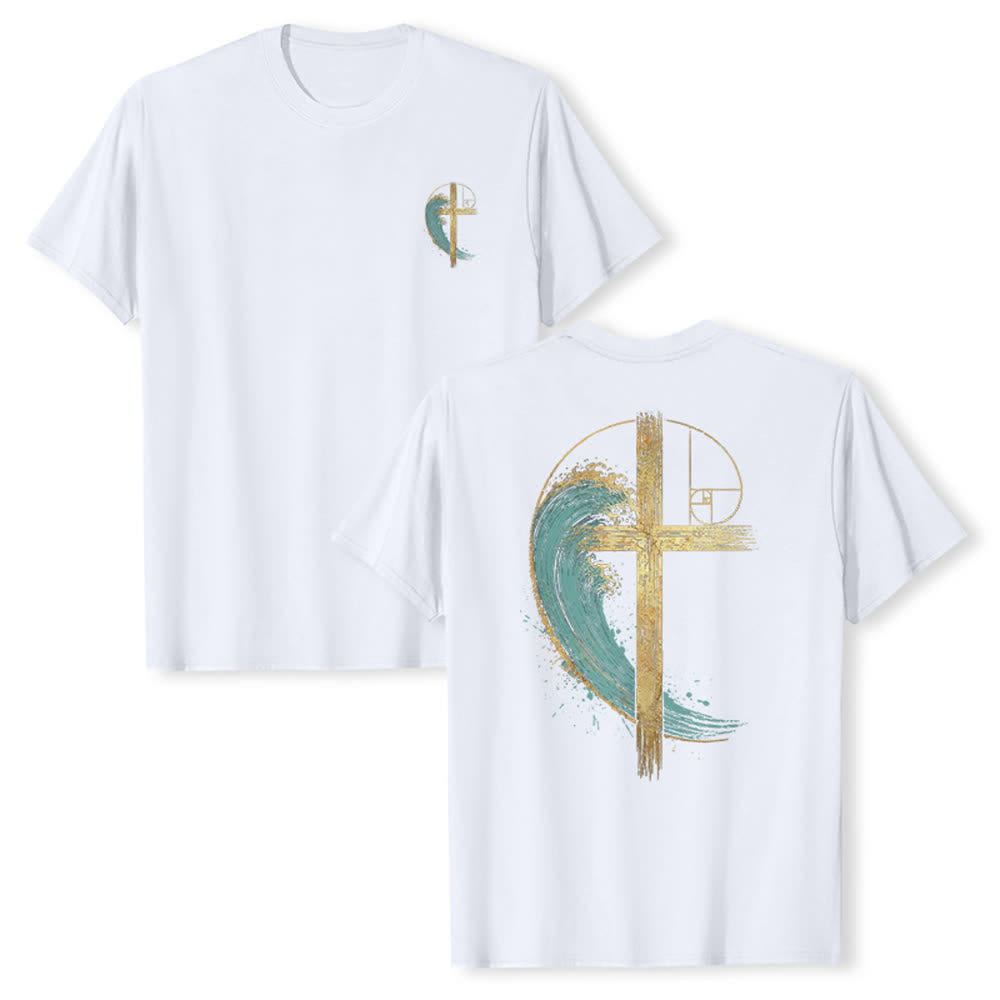 Christianartworkshop Camiseta clásica con estampado a doble cara de la Cruz Dorada y la Onda Fibonacci. - Blanco - 2XL - image 6