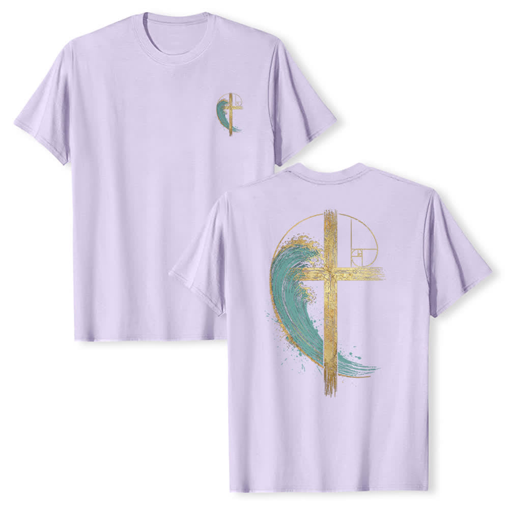 Christianartworkshop Camiseta clásica con estampado a doble cara de la Cruz Dorada y la Onda Fibonacci. - Púrpura - 2XL - image 24