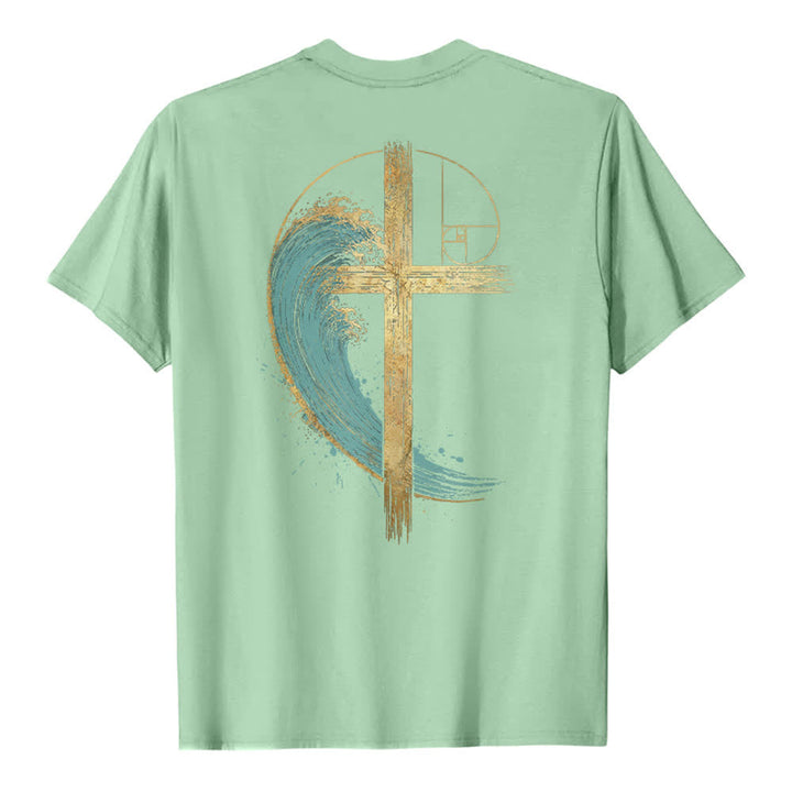 Christianartworkshop Camiseta clásica con estampado a doble cara de la Cruz Dorada y la Onda Fibonacci. - image 1