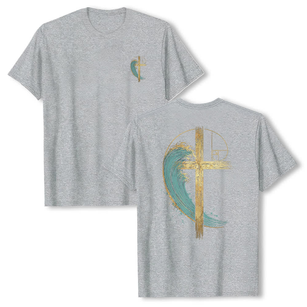Christianartworkshop Camiseta clásica con estampado a doble cara de la Cruz Dorada y la Onda Fibonacci. - Gris - 2XL - image 12