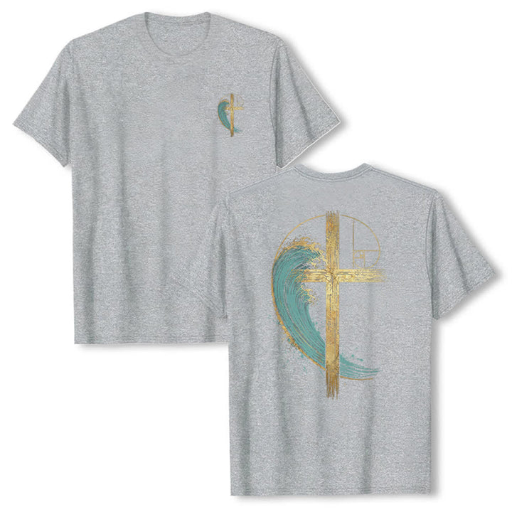 Christianartworkshop Camiseta clásica con estampado a doble cara de la Cruz Dorada y la Onda Fibonacci. - Gris - 2XL - image 12