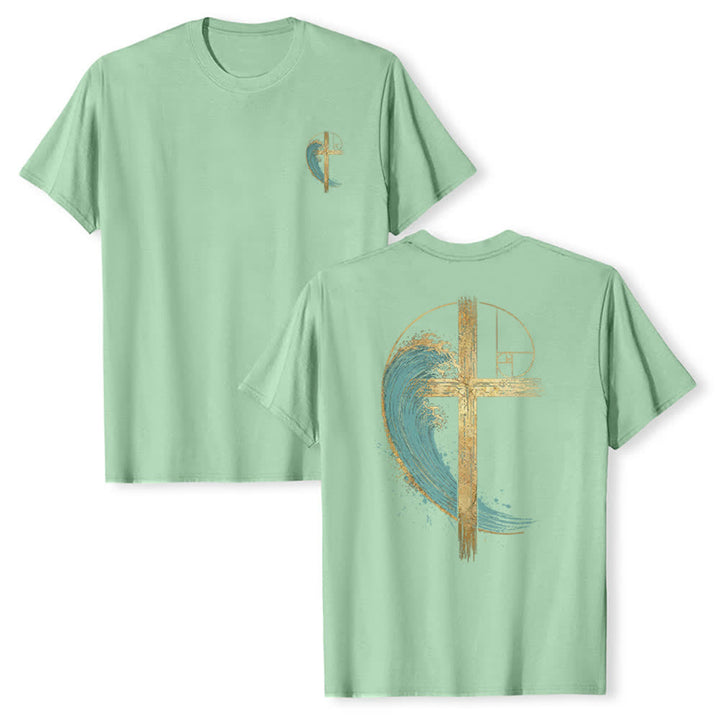 Christianartworkshop Camiseta clásica con estampado a doble cara de la Cruz Dorada y la Onda Fibonacci. - Verde claro - 2XL - image 0