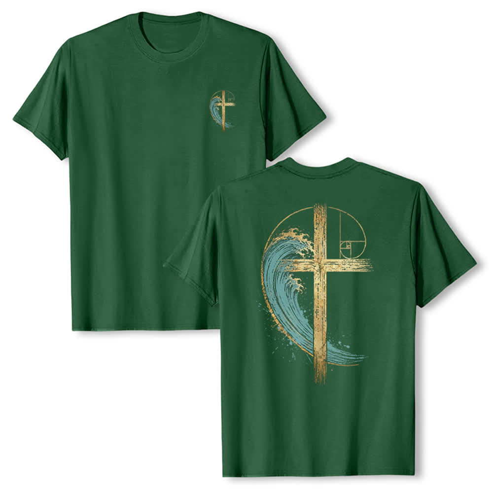 Christianartworkshop Camiseta clásica con estampado a doble cara de la Cruz Dorada y la Onda Fibonacci. - Verde oscuro - 2XL - image 15