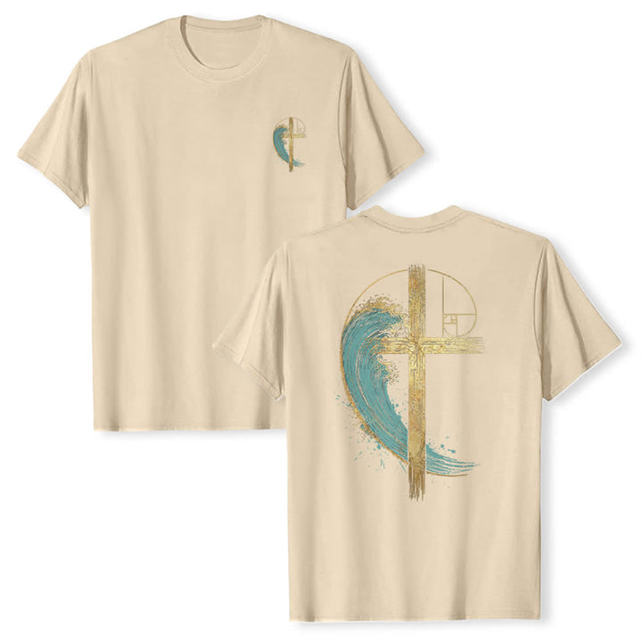 Christianartworkshop Camiseta clásica con estampado a doble cara de la Cruz Dorada y la Onda Fibonacci. - Beige - 2XL - image 9