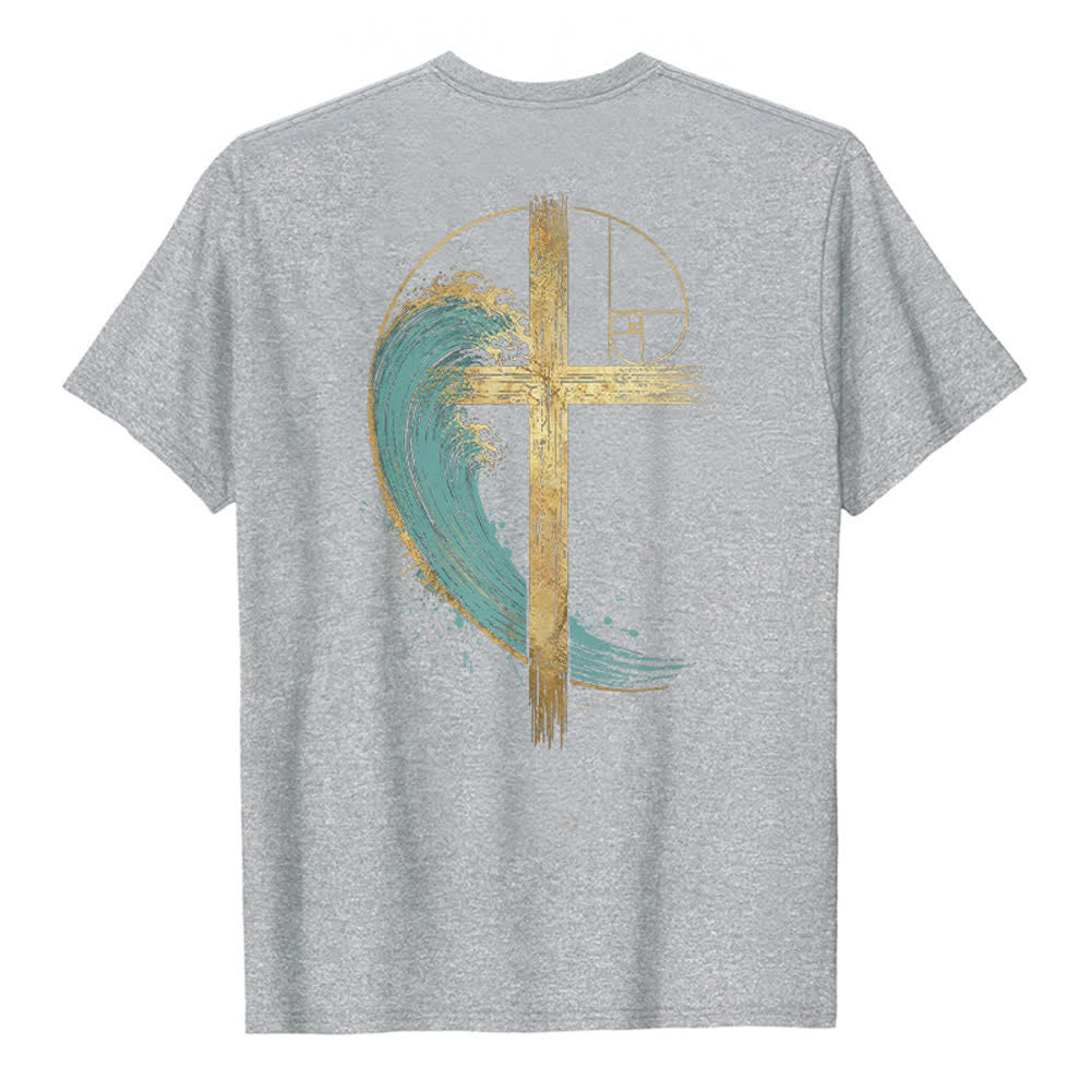 Christianartworkshop Camiseta clásica con estampado a doble cara de la Cruz Dorada y la Onda Fibonacci. - image 13