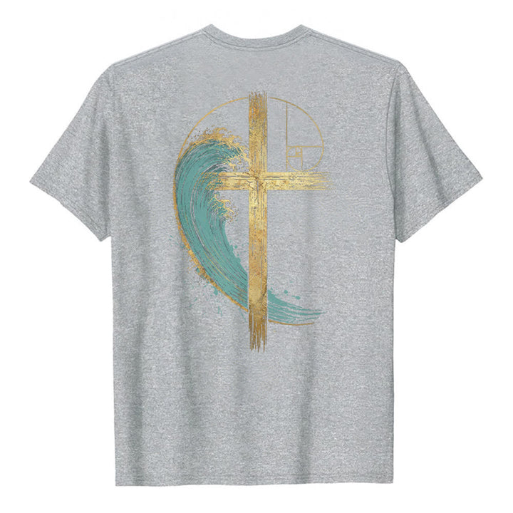 Christianartworkshop Camiseta clásica con estampado a doble cara de la Cruz Dorada y la Onda Fibonacci. - image 13