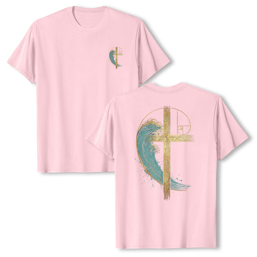 Christianartworkshop Camiseta clásica con estampado a doble cara de la Cruz Dorada y la Onda Fibonacci. - Rosa - 2XL - image 3