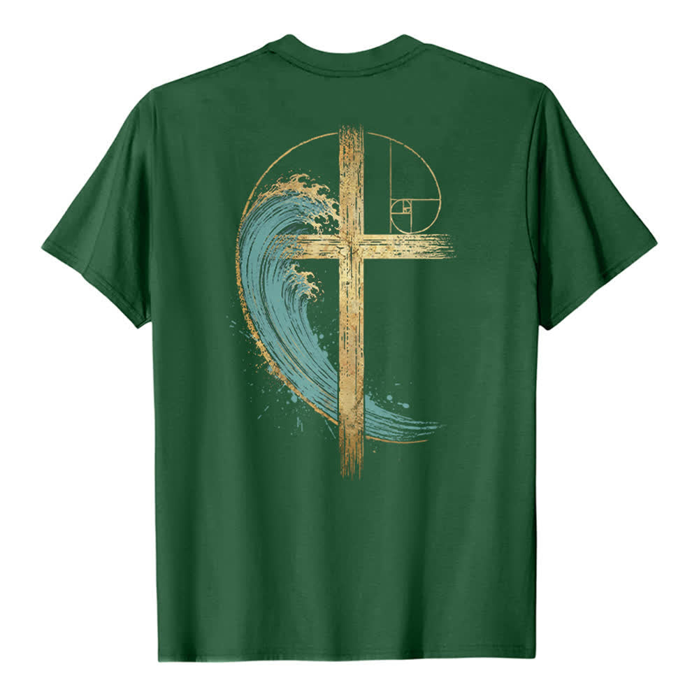 Christianartworkshop Camiseta clásica con estampado a doble cara de la Cruz Dorada y la Onda Fibonacci. - image 16
