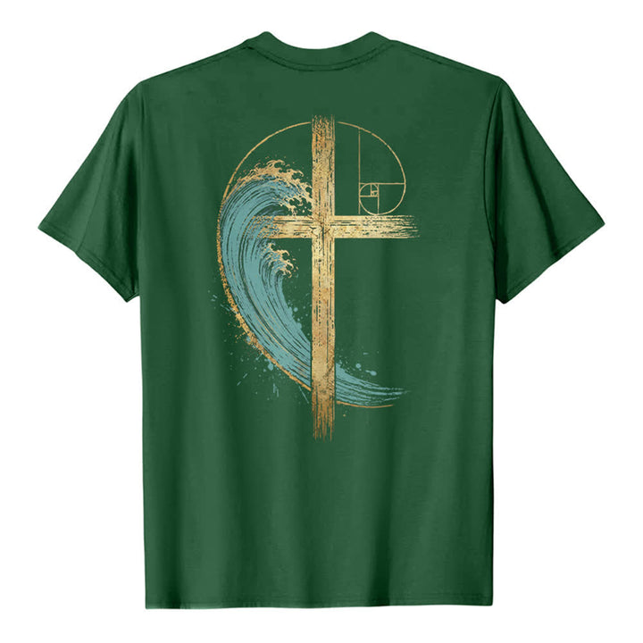 Christianartworkshop Camiseta clásica con estampado a doble cara de la Cruz Dorada y la Onda Fibonacci. - image 16