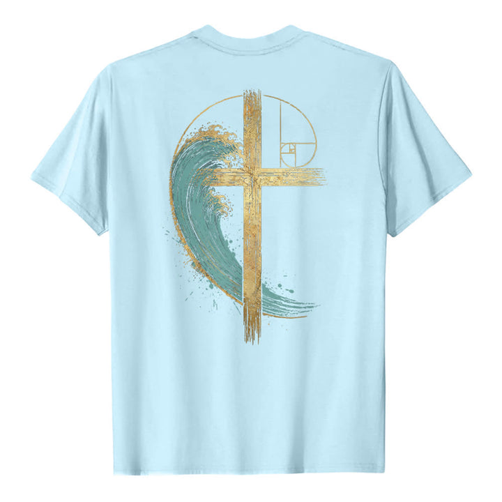 Christianartworkshop Camiseta clásica con estampado a doble cara de la Cruz Dorada y la Onda Fibonacci. - image 22