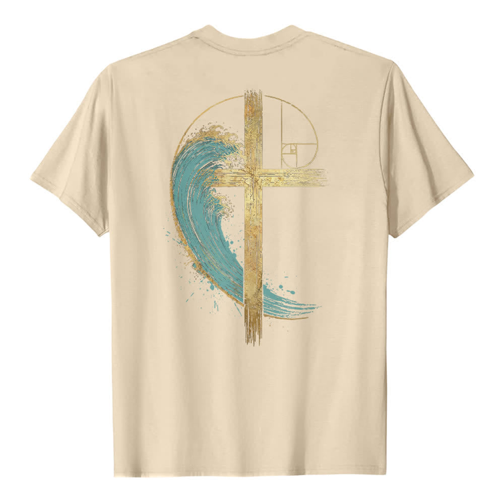 Christianartworkshop Camiseta clásica con estampado a doble cara de la Cruz Dorada y la Onda Fibonacci. - image 10