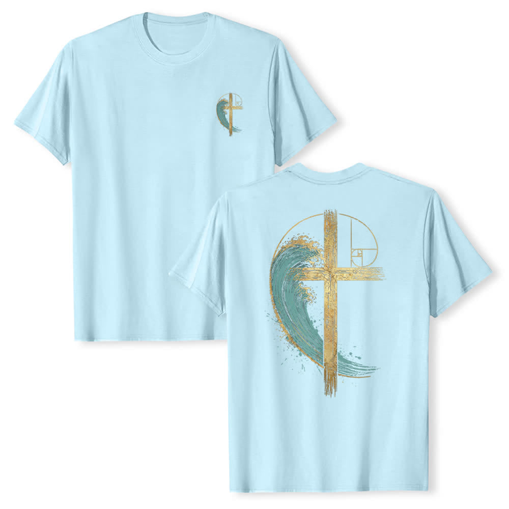 Christianartworkshop Camiseta clásica con estampado a doble cara de la Cruz Dorada y la Onda Fibonacci. - Azul - 2XL - image 21