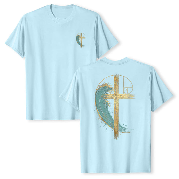 Christianartworkshop Camiseta clásica con estampado a doble cara de la Cruz Dorada y la Onda Fibonacci. - Azul - 2XL - image 21