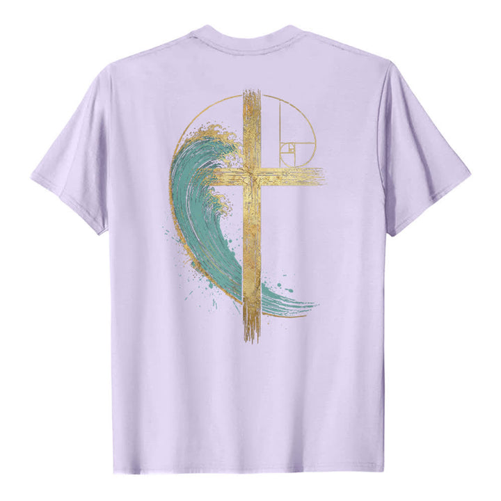Christianartworkshop Camiseta clásica con estampado a doble cara de la Cruz Dorada y la Onda Fibonacci. - image 25