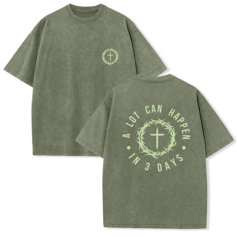Christianartworkshop Camiseta de doble cara con estampado de la cruz y la corona de espinas: "Pueden pasar muchas cosas en 3 días", lavada. - Verde militar - 5XL - image 12