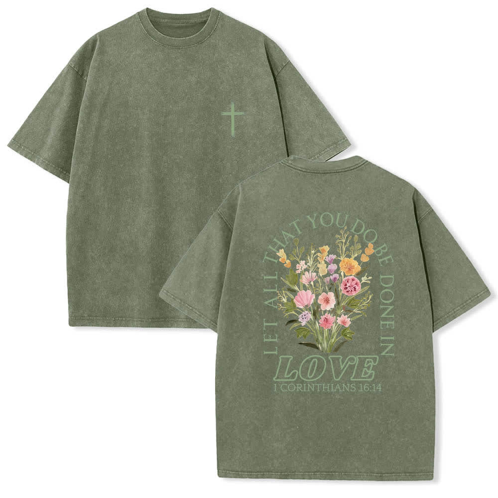 Christianartworkshop Camiseta de doble cara con estampado floral y cruz: "Que todo lo que hagas se haga con amor". - Verde militar - 5XL - image 15