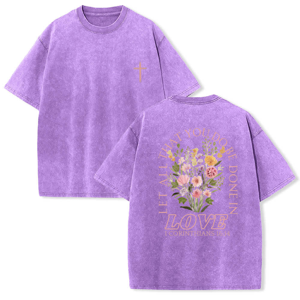 Christianartworkshop Camiseta de doble cara con estampado floral y cruz: "Que todo lo que hagas se haga con amor". - Púrpura - 5XL - image 9