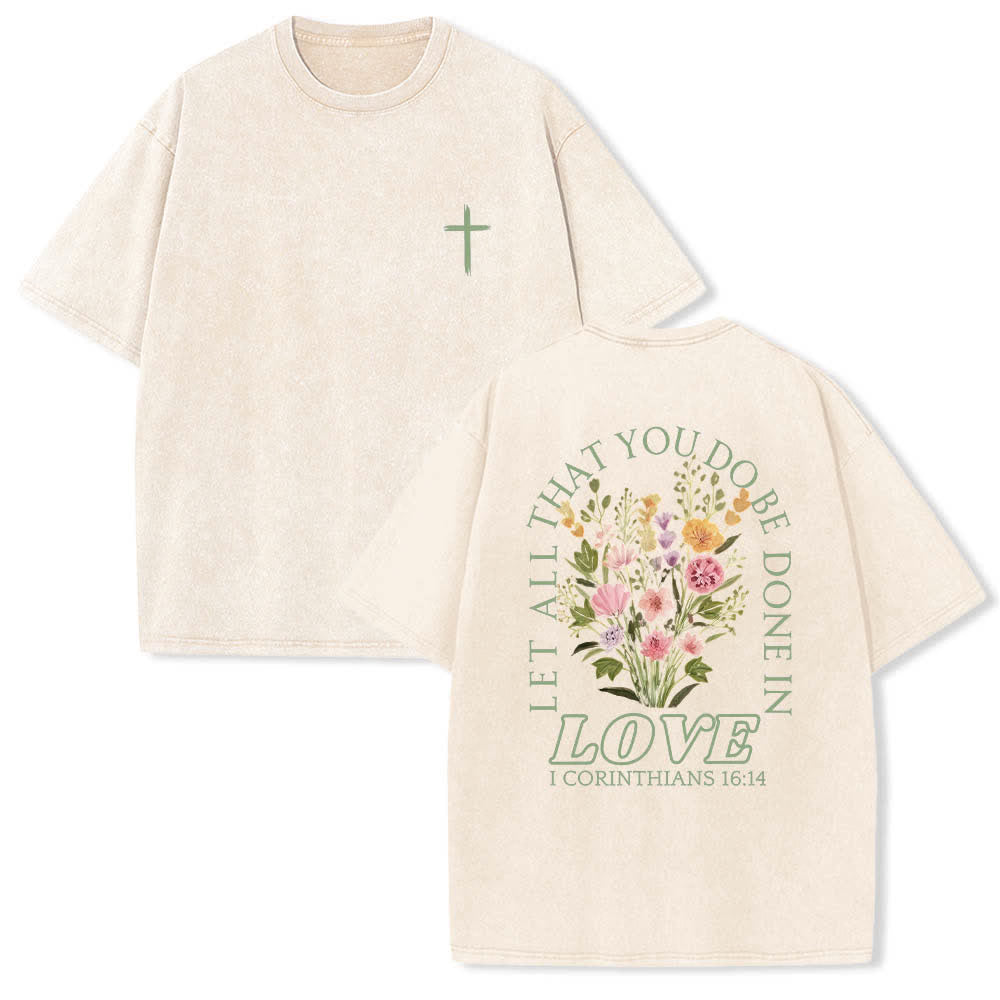 Christianartworkshop Camiseta de doble cara con estampado floral y cruz: "Que todo lo que hagas se haga con amor". - Beige - 5XL - image 6