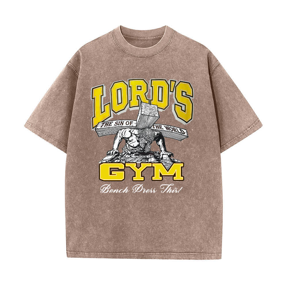 Christianartworkshop Camiseta de manga corta con estampado gráfico de doble cara "Lord's Gym His Pain Your Gain" (Su dolor es tu ganancia), lavada. - image 1