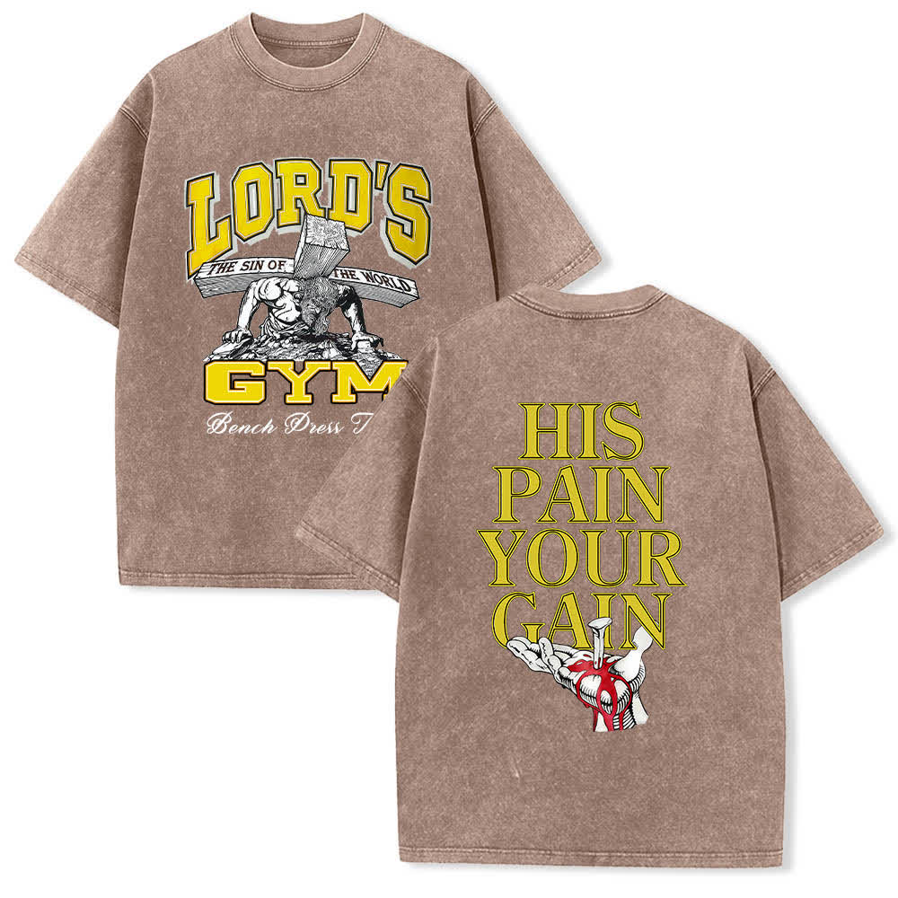 Christianartworkshop Camiseta de manga corta con estampado gráfico de doble cara "Lord's Gym His Pain Your Gain" (Su dolor es tu ganancia), lavada. - Marrón - 5XL - image 0