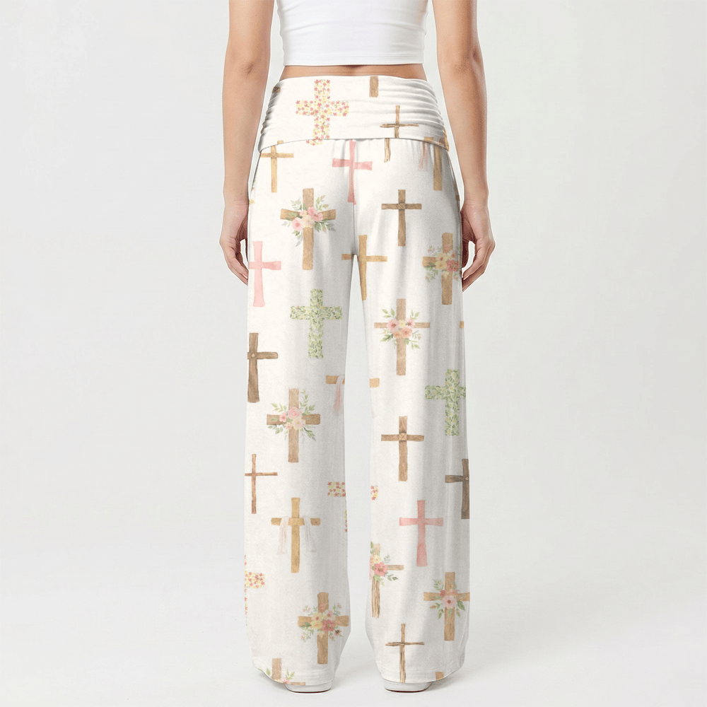Christianartworkshop Pantalones casuales de pierna ancha para mujer con estampado floral de acuarela y cruz. - image 2