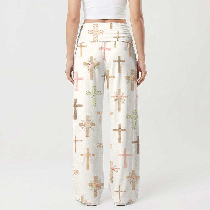 Christianartworkshop Pantalones casuales de pierna ancha para mujer con estampado floral de acuarela y cruz. - image 2