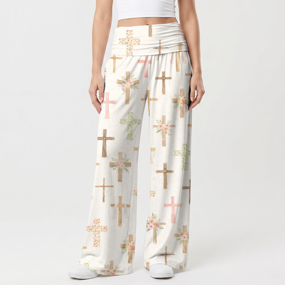 Christianartworkshop Pantalones casuales de pierna ancha para mujer con estampado floral de acuarela y cruz. - image 1