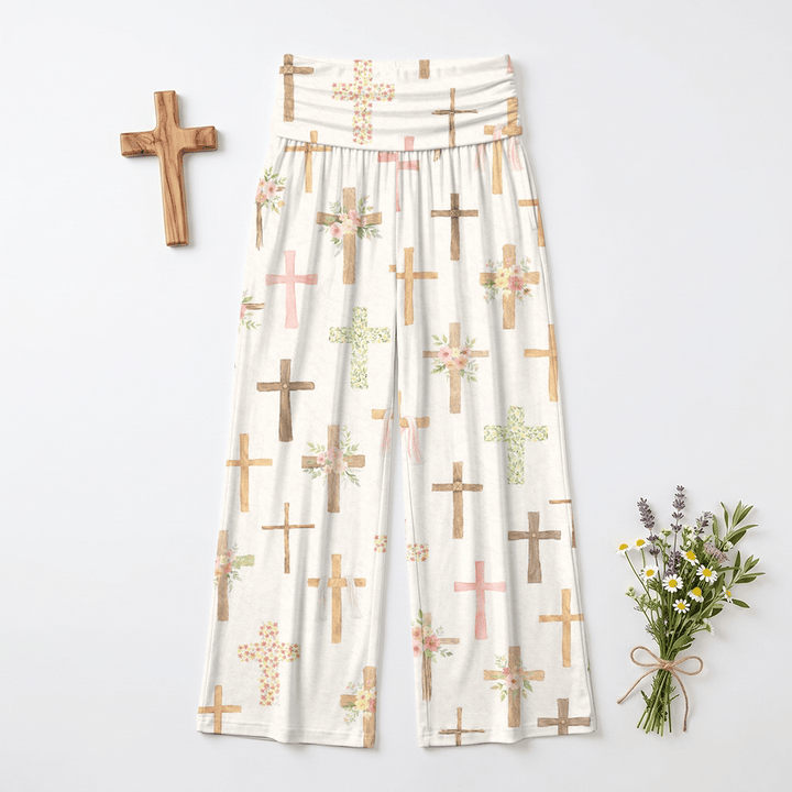 Christianartworkshop Pantalones casuales de pierna ancha para mujer con estampado floral de acuarela y cruz. - US22, UK/AU26, EU54 (6XL) - image 0
