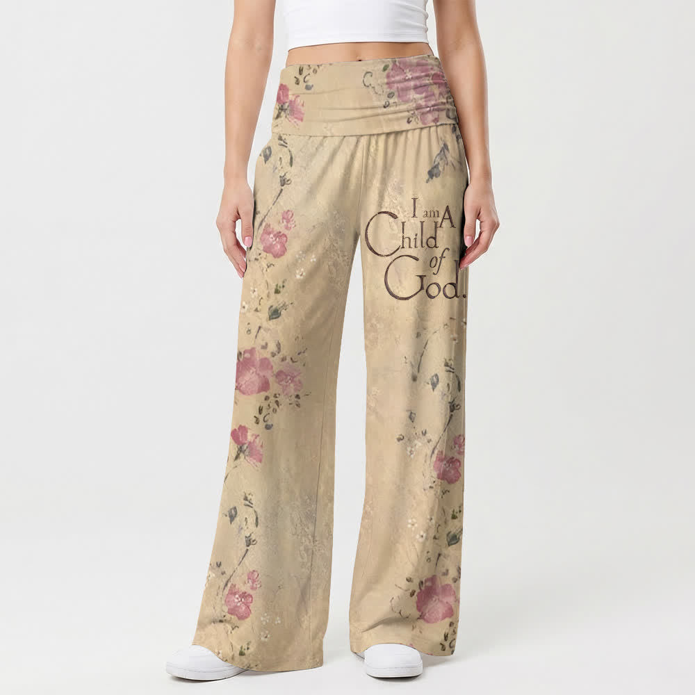 Christianartworkshop Pantalones anchos informales para mujer con estampado floral vintage "Soy un hijo de Dios" y diseño de letras. - image 1
