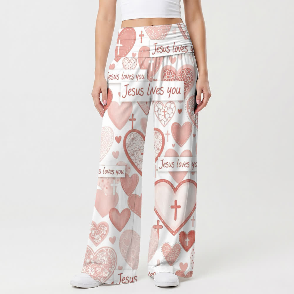 Christianartworkshop Pantalones anchos informales para mujer con estampado de corazón rosa, cruz y la frase "Jesús te ama". - image 1