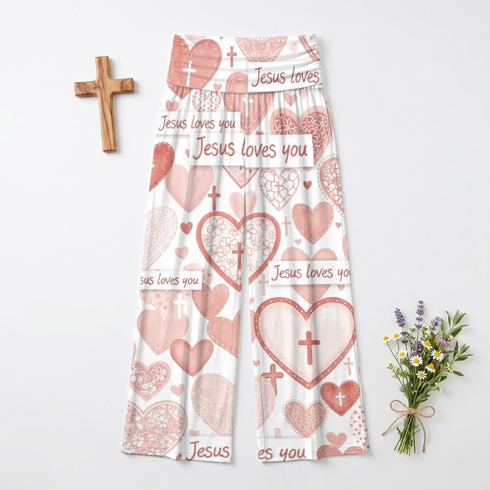 Christianartworkshop Pantalones anchos informales para mujer con estampado de corazón rosa, cruz y la frase "Jesús te ama". - US22, UK/AU26, EU54 (6XL) - image 0