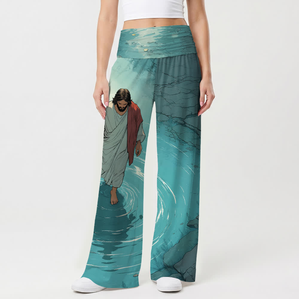 Christianartworkshop Jesús caminando sobre el agua, lago con ondas, arte cómico, pantalones anchos de mujer con estampado casual de fe. - image 1