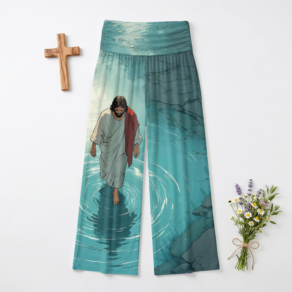 Christianartworkshop Jesús caminando sobre el agua, lago con ondas, arte cómico, pantalones anchos de mujer con estampado casual de fe. - US22, UK/AU26, EU54 (6XL) - image 0