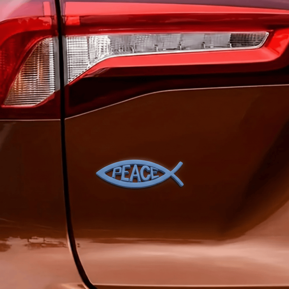 Christianartworkshop Pegatina para coche con marco hueco y letras PAZ en relieve de Ichthys Fish: Un símbolo de tranquilidad celestial y conducción segura. - image 1