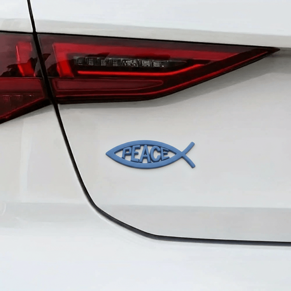 Christianartworkshop Pegatina para coche con marco hueco y letras PAZ en relieve de Ichthys Fish: Un símbolo de tranquilidad celestial y conducción segura. - image 2