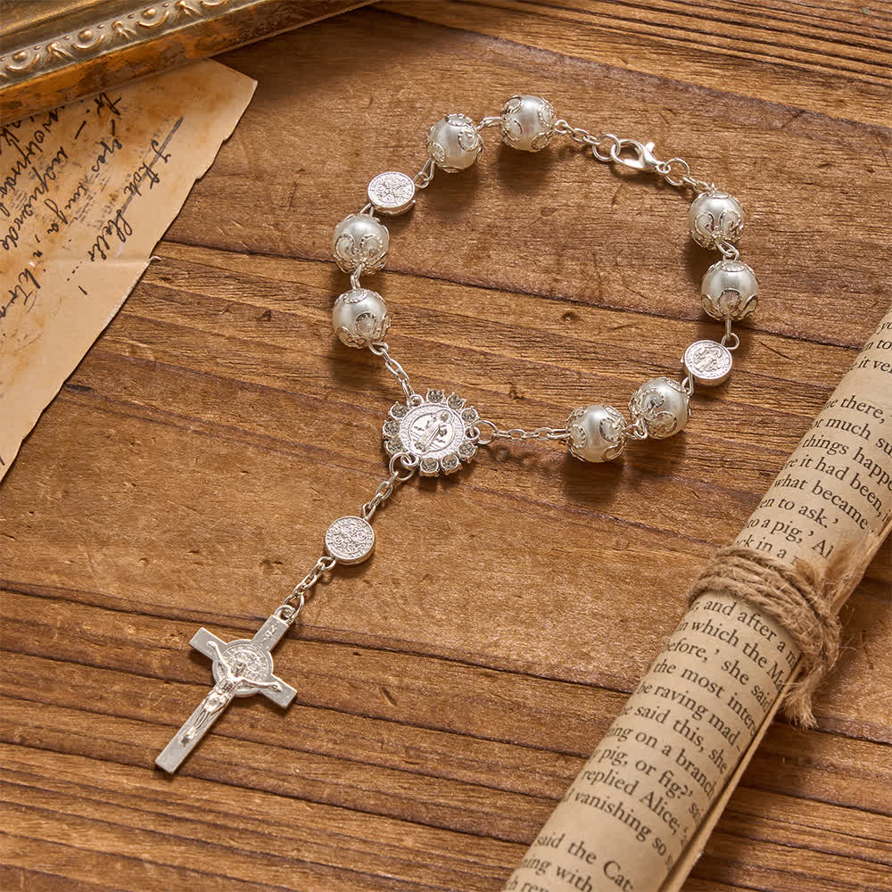 Christianartworkshop Rosario de San Benito con cuentas brillantes envueltas en filigrana, ideal para el coche y para llevar en el bolsillo. - Blanco - image 1