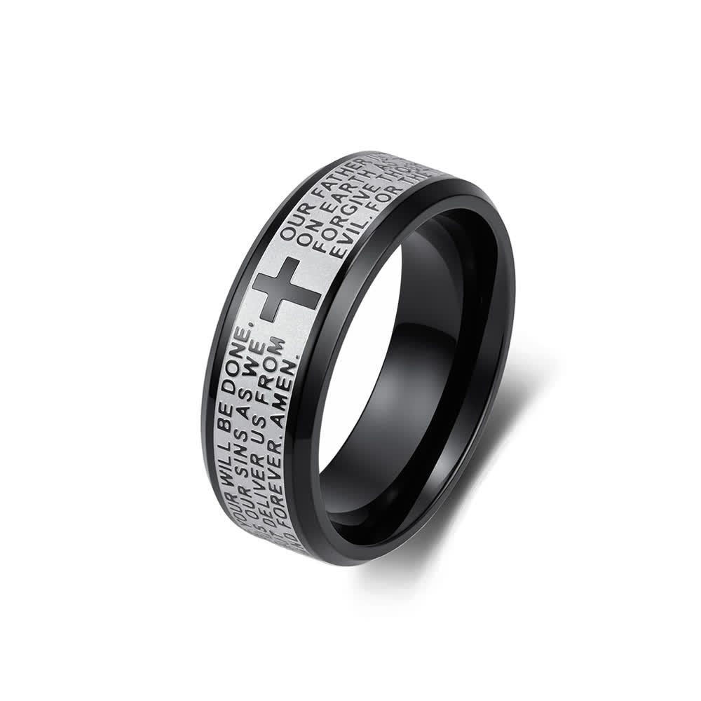 Christianartworkshop Anillo ancho de acero inoxidable con cruz grabada en profundidad y la oración del Padre Nuestro: Emblema de la fe celestial inquebrantable. - Negro bicolor - US 13 - image 12