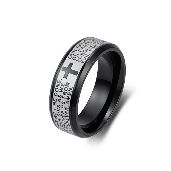 Christianartworkshop Anillo ancho de acero inoxidable con cruz grabada en profundidad y la oración del Padre Nuestro: Emblema de la fe celestial inquebrantable. - Negro bicolor - US 13 - image 12