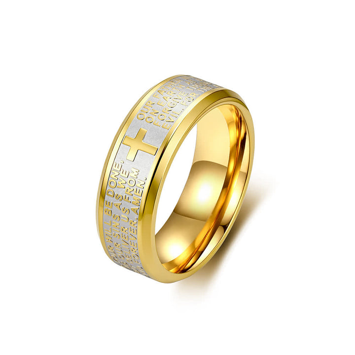 Christianartworkshop Anillo ancho de acero inoxidable con cruz grabada en profundidad y la oración del Padre Nuestro: Emblema de la fe celestial inquebrantable. - Dorado bicolor - US 13 - image 11