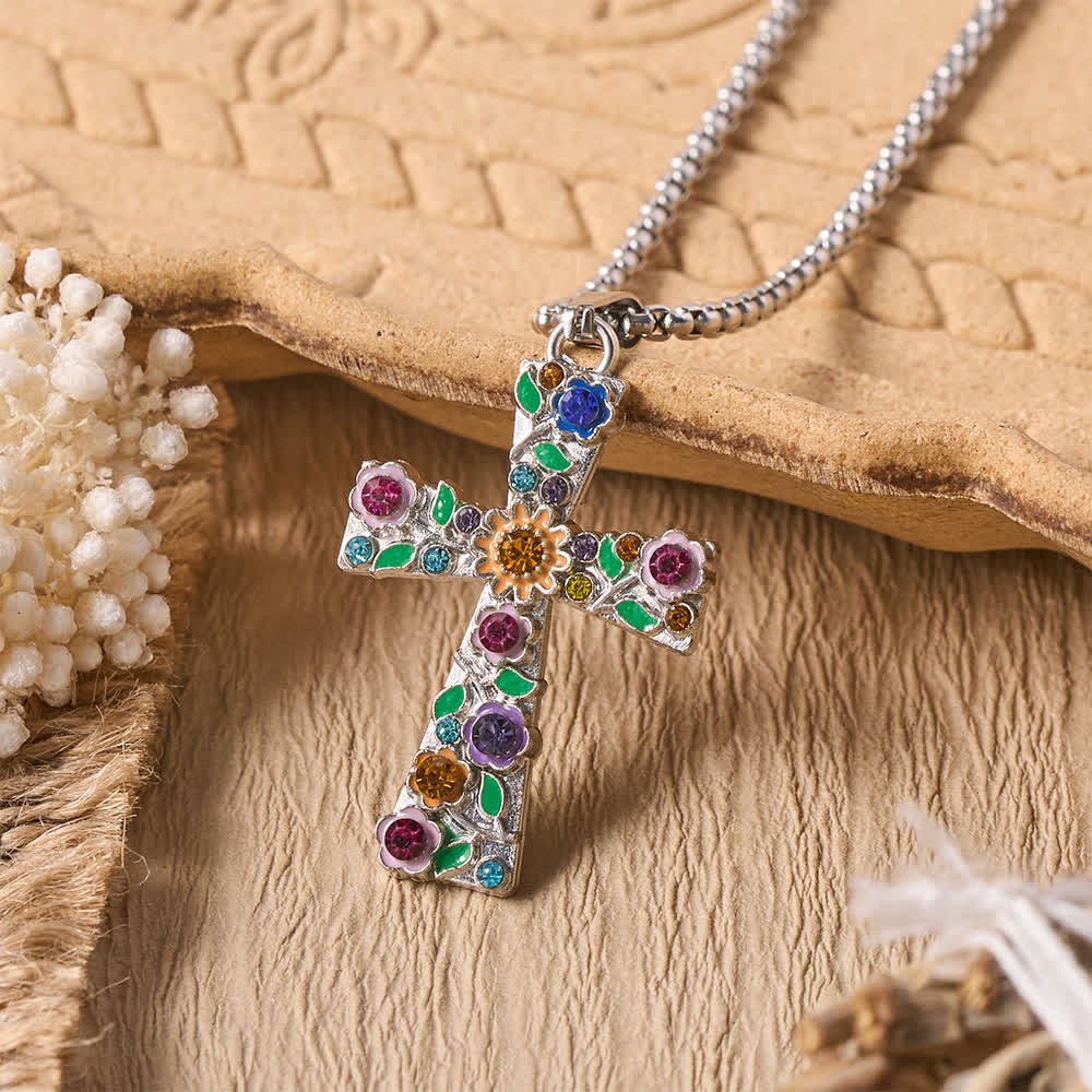 Christianartworkshop Collar con colgante de cruz de circonita multicolor con diseño floral esmaltado: emblema de la vibrante esperanza celestial. - Cruz con temática floral - image 0