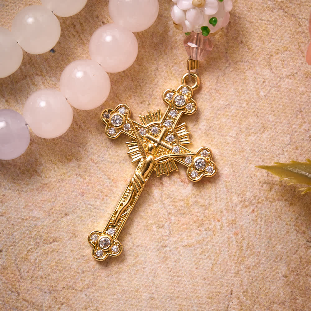 Christianartworkshop Rosario floral de cuentas de vidrio en degradado rosa lavanda blanco lechoso con cruz de diamantes de imitación y medalla de Nuestra Señora. - image 8